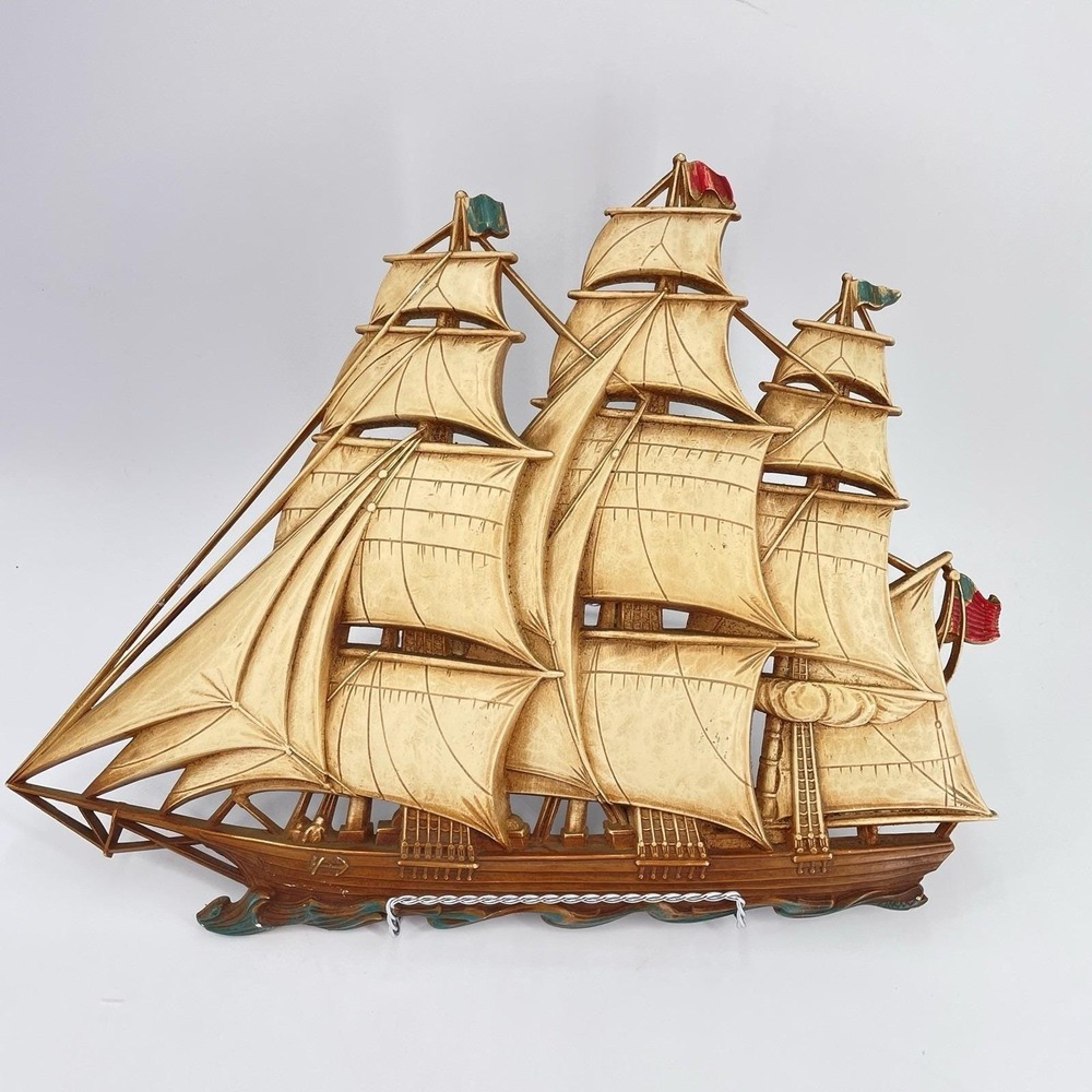 Mid Century Syroco Sailing Ship Wall Decor Schooner Clipper Nautical 17x13"